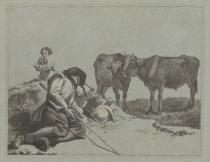 Nukkuva paimen, kaksi vasikkaa ja talonpoikainen, 17621763. tekijältä Francesco Londonio