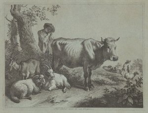 Pysyvä lehmä ja paimenpoika lauman kanssa, 1760-luku. tekijältä Francesco Londonio