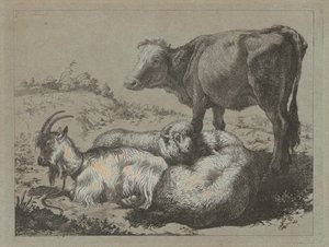 Pysyvä härkä, kaksi lammasta ja vuohi, c. 1762. tekijältä Francesco Londonio