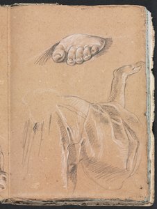 Verona Sketchbook: Tutkimus vasemmasta jalasta ja verhoista oikealla kädellä sivu 79, 1760. tekijältä Francesco Lorenzi