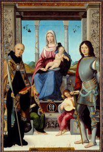 Neitsyt ja lapsi Pyhän Benedictus Nursielaisen ja Saint Quentinin ympäröimänä Francesco Marmittan (tunnetaan vuosina 1496-1504) maalauksella kaksi enkeliä 1400-luvun su. 2,2x1,38 m tekijältä Francesco Marmitta