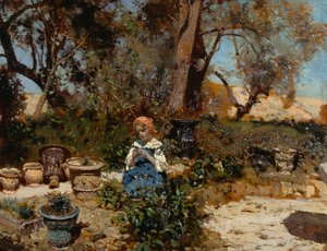Tyttö puutarhassa, Francesco Paolo Michetti (1851-1929), öljy paneelille, 27x36 cm