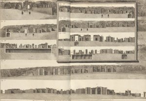 Poikkileikkaukset, jotka esittävät Pom..., 1804, suunnitelmassa esitettyjen rakennusten eri puolia. tekijältä Francesco Piranesi