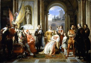 Torquato Tasso (Le Muche) lukee Jerusalemin delivree-kirjaansa (Vapautettu Jerusalem) Ferraran hovissa. Francesco Podestin (1800-1895) maalaus