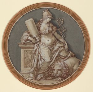 Allegory of Fortitude (kynä ja ruskea muste, harmaa ja ruskea pesu, korotettu valkoisella guassilla, mustan liidun päällä).
