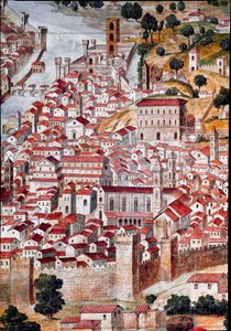 Pianta della Catena Yksityiskohta Firenzen kaupungin kartasta nimeltä "Catena", koska kartan kehys on ketjun muotoinen. Toteuttanut Francesco di Lorenzo Rosselli (1448-1513) vuonna 1490. Firenze, Firenzen museo aikakaudella