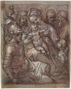 Neitsyt Maria ja Jeesus-vauva ja Johannes Kastaja poikana, Bernardino Sienalainen (?), Katariina Sienalainen, arkkienkeli Mikael ja parrakas pyhimys