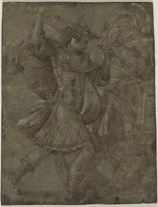 Mies panssarivaunussa vaunun vieressä, n. 1550. tekijältä Francesco de Rossi Salviati Cecchino