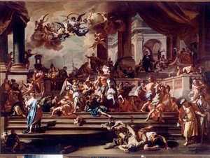 Heliodore (Heliodoros) Enkelien temppelimetsästys Francesco Solimenan maalaus dit l