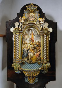 Suuri pyhävesisäiliö maalatussa majolikassa, jossa on keskikohta Francesco Solimenan (1657-1747), Italia, 1900-luku maalauksesta Adoration of the Magi tekijältä Francesco Solimena
