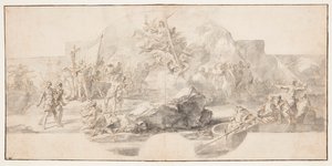 Tutkimus maalausta varten "Kolumbuksen laskeutuminen Amerikassa", Sala del Minor Consiglio, Palazzo Ducale, Genova, Italia tekijältä Francesco Solimena