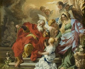 Neitsyt Marian kasvatus, noin 1680 (öljy kuparille). tekijältä Francesco Solimena