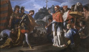 Longobardien kuninkaan Ratchisin ja paavi Sakariaan tapaaminen Perugian piirityksen aikana tekijältä Francesco Solimena