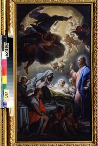 Joosefin kuolema (Josefin kuolema). Pyhän Kolminaisuuden esitys: Jeesus Kristus, Jumala ja Pyhän Hengen kyyhkynen (Pyhä Henki). Francesco Trevisanin (1656-1746) maalaus. Öljy kankaalle, 69,5 x 39,5 cm