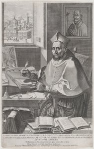 Kardinaali Roberto Bellarmino pöytänsä ääressä, kirjoittaa, 1604. tekijältä Francesco Villamena