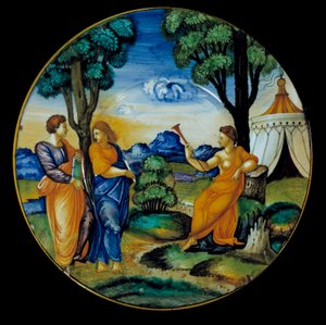 Parnassusta edustavan Francesco Xanto Avelin (toiminut noin 1530/1540) valmistama fajanssi. Toteuta Urbinossa. 1530. Pariisi, Louvre-museo
