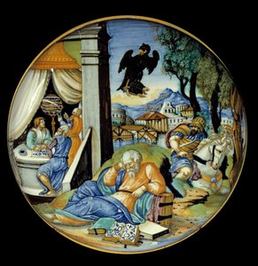 Matala jalkaleikkaus: Kohtallegoria. Fajanssi. Valmistaja Francesco Avelli Xanto (aktiivinen noin 1530/1540)