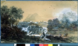 Paisatge amb cascada. Dibuix de Francesco Zuccarelli (1702-1788). Aquarel·la i tinta sobre paper finlandès tekijältä Francesco Zuccarelli