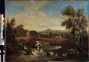 Maisema joen kanssa. Francesco Zuccarellin (1702-1788) maalaus. Öljy kankaalle, 81,5 x 119 cm. 1700-luvun venetsialaista taidetta. Eremitaaši, Pietari. tekijältä Francesco Zuccarelli