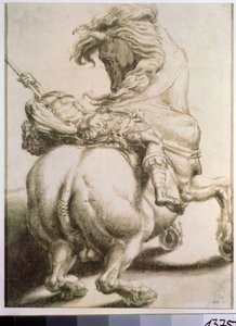 Ratsastaja keihään lävistettynä. Francesco de Rossin (1510-1563) piirros. Grisaille paperille, 20 x 15 cm