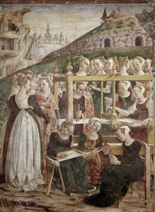 Allegoria marssista, yksityiskohta Minervan voitosta naisten kutomalla) yksityiskohta - Francesco del Cossan fresko (n. 1436-vers 1478) Ferrara (Ferrara) Palazzo Schifanoia, Salone dei Mesi tekijältä Francesco del Cossa