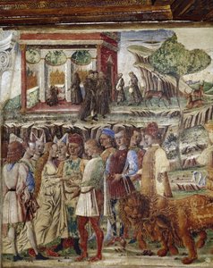 Allegoria heinäkuusta, yksityiskohta Jupiterin voitosta, hääkohtauksen yksityiskohta - Francesco del Cossan fresko (n. 1436-vers 1478) Ferrara (Ferrara) Palazzo Schifanoia, Salone dei Mesi tekijältä Francesco del Cossa