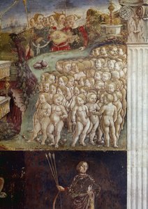 Allegoria toukokuusta, yksityiskohta Apollon voitosta, alastomista lapsista ja yhdeksästä muusasta Francesco del Cossan (n. 1436-noin 1478) freskon yksityiskohta Ferrara (Ferrara) Palazzo Schifanoia, Salone dei Mesi