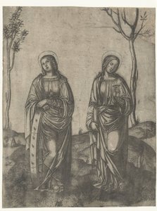 Pyhät Katariina rikkinäisen pyörän kanssa ja Lucia silmät astiassa tekijältä Francesco di Francia (attributed to)