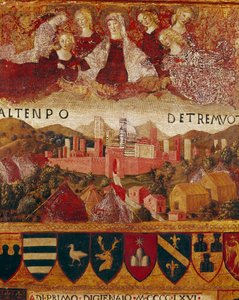 Ex voto (tai ex voto): "" Neitsyt Maria suojeli Sienan kaupunkia vuosien 1466-1467 maanjäristysten aikana"" Yksityiskohta. Francesco di Giorgio Martinin (1439-1502) puumaalaus Bicchernaa koristamassa (Sin kaupungin kirjanpitorekisterin kansi
