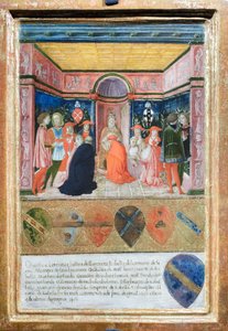 Pius II nimittää veljenpoikansa Francesco Tedeschini Piccolomini kardinaaliksi, n. 1485-90 (tempera ja kulta paneelille). tekijältä Francesco di Giorgio Martini