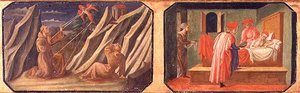 (LtoR) Pyhä Franciscus Assisilainen vastaanottamassa stigmat, SS. Cosmas ja Damian parantavat sairaan miehen; kopiot alkuperäisistä paneeleista, jotka ovat osa Filippo Lippin Predella to the Madonna and Child Thronned -elokuvaa tekijältä Francesco di Stefano Pesellino
