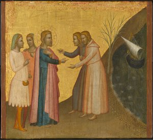 Acteus ja Eugenius pyytävät evankelistaa Pyhää Johannesta palauttamaan rikkautensa, n. 1370-1380 (tempera ja kultalehti paneelissa)