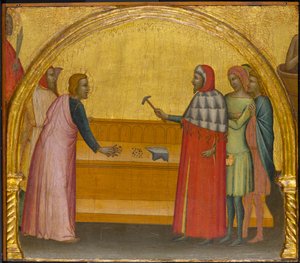Johannes evankelista moittii filosofi Cratoa, noin 1370-1380 (tempera ja lehtikulta paneelille).