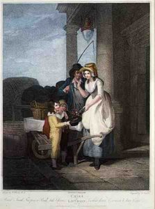 "Round and Sound, Five Pence a Pound, Duke Cherries", levy 8 julkaisusta "The Cries of London", kaiverrus Anthony Cardon (1772-1813), pub. Colnaghi & Co.