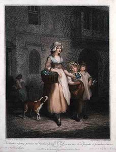 "Two Bunches a Penny, Primroses, Two Bunches a Penny", levy 1 "The Cries of London", kaiverrus Luigi Schiavonetti (1765-1810), pub. kirjoittanut Colnaghi & Co.
