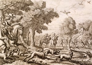 Saukkon metsästys joen rannalla, kaiverrus Wenceslaus Hollar, 1671 tekijältä Francis Barlow