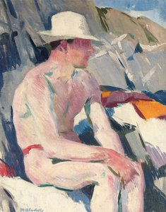 Uimari valkoisessa hatussa (öljy paneelissa) tekijältä Francis Campbell Boileau Cadell
