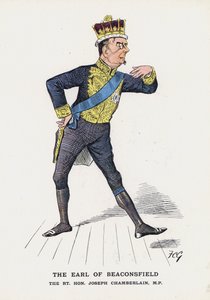Earl of Beaconsfield, Rt Hon Joseph Chamberlain (väri litho) tekijältä Francis Carruthers Gould