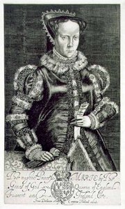 Muotokuva Maria I:stä (1516-58) pitelee Thomas Hongarin rukousta, taiteilijan kaivertama, pub. kirjoittanut Compton Holland (kaiverrus)