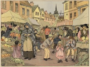 Bedfordin kauppojen kirja: Hedelmäpuodit (värilitografia)