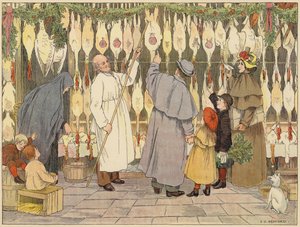 Bedfordin kauppojen kirja: Poulterer (värilitografia). tekijältä Francis Donkin Bedford