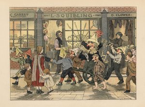 Ilotulituskauppa - Viktoriaaniset lapset vetävät Guyta kärryissä Guy Fawkes -yönä L. Squiblingin ilotulituskaupan edessä. Kromolitografia Francis Donkin Bedfordin kuvituksen mukaan Edward Verrall Lucasin teoksesta The Book of Shops. tekijältä Francis Donkin Bedford