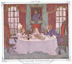 Hän välitti keijun viestin, The Magic Fishbone -kirjasta, Warne  Co, n. 1940 (värilitografia). tekijältä Francis Donkin Bedford
