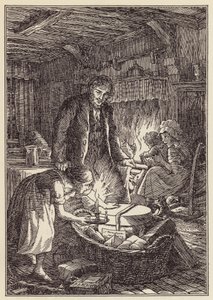 Charles Dickensin The Cricket on the Hearth -teoksen kuvitus (värilitografia).