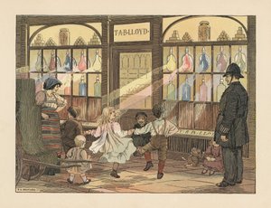 Viktoriaaniset lapset tanssivat apteekin edessä poliisin katsellessa. Kromolitografia Francis Donkin Bedfordin kuvituksen mukaan Edward Verrall Lucasin teoksesta The Book of Shops. tekijältä Francis Donkin Bedford