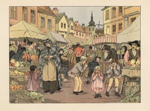 Viktoriaaniset lapset syövät pennin appelsiineja hedelmä- ja vihanneskojuista Lontoon East Endin markkinoilla. Kromolitografia Francis Donkin Bedfordin kuvituksen mukaan Edward Verrall Lucasin teoksesta The Book of Shops.