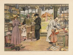 Viktoriaaniset asiakkaat ostamassa kinkkua, kirjoja ja postitilauksia kyläkaupasta. Kromolitografia Francis Donkin Bedfordin kuvituksen mukaan Edward Verrall Lucasin teoksesta The Book of Shops.
