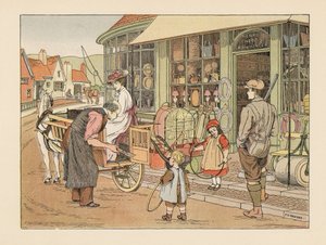 Viktoriaaninen perhe Henry Hoopin, kylän rautakauppiaan luona. Kromolitografia Francis Donkin Bedfordin kuvituksen mukaan Edward Verrall Lucasin teoksesta The Book of Shops. tekijältä Francis Donkin Bedford