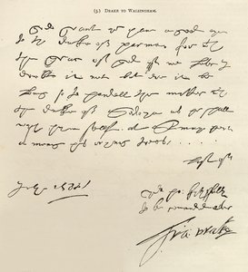 Sir Francis Draken kirje Sir Francis Walsinghamille, allekirjoitettu 29. heinäkuuta 1588, julkaistu Leisure Hourissa, 1888 (muste paperilla) tekijältä Francis Drake