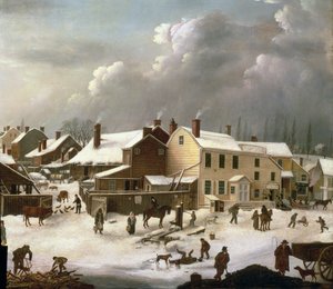 Talvimaisema Brooklynissa, yksityiskohta kadusta ja postitoimistosta, n. 1817-20 (84498:n yksityiskohta)